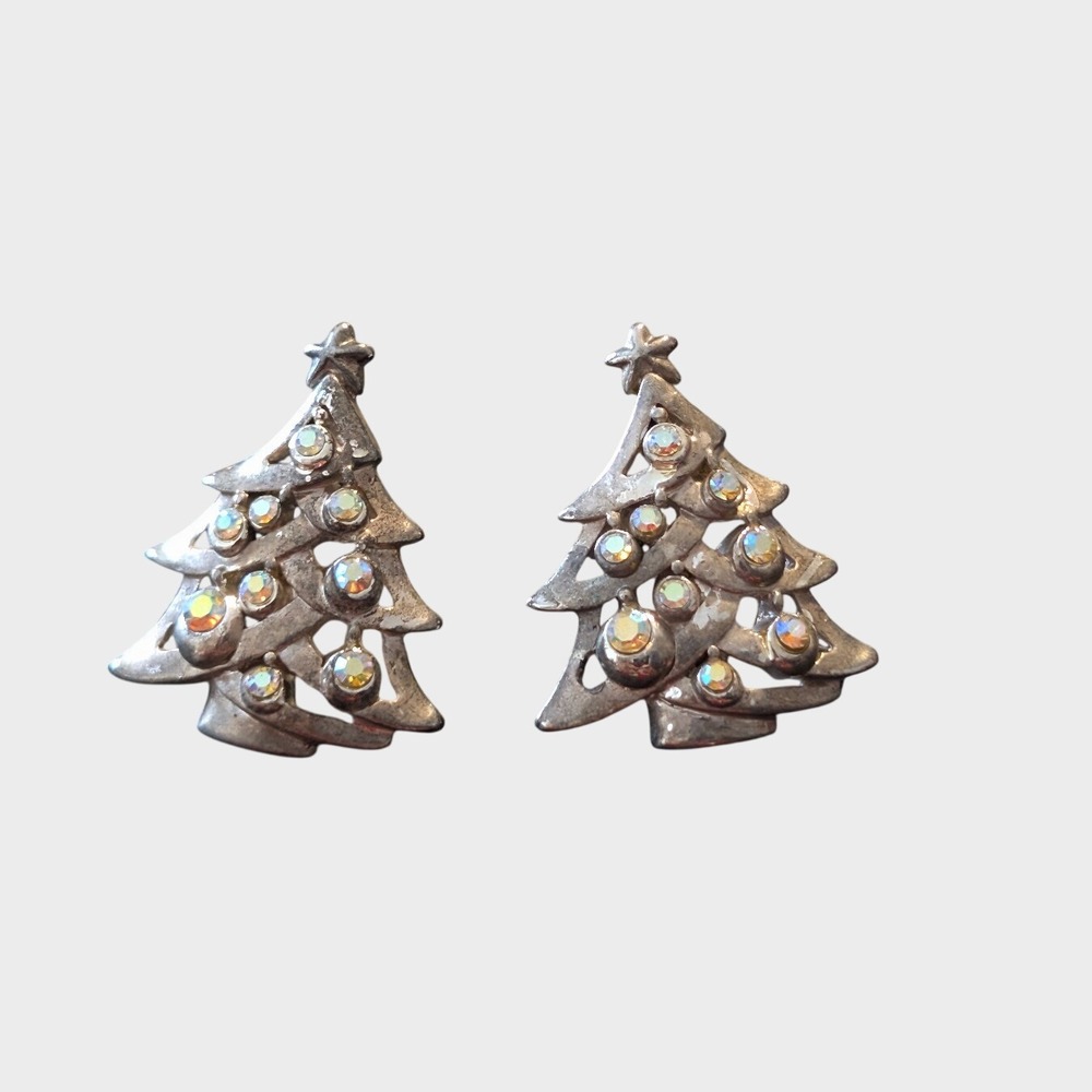 Vintage Christmas Tree Pierced Earrings Sparkly Rhinestones Silver-tone 7/8"‎
